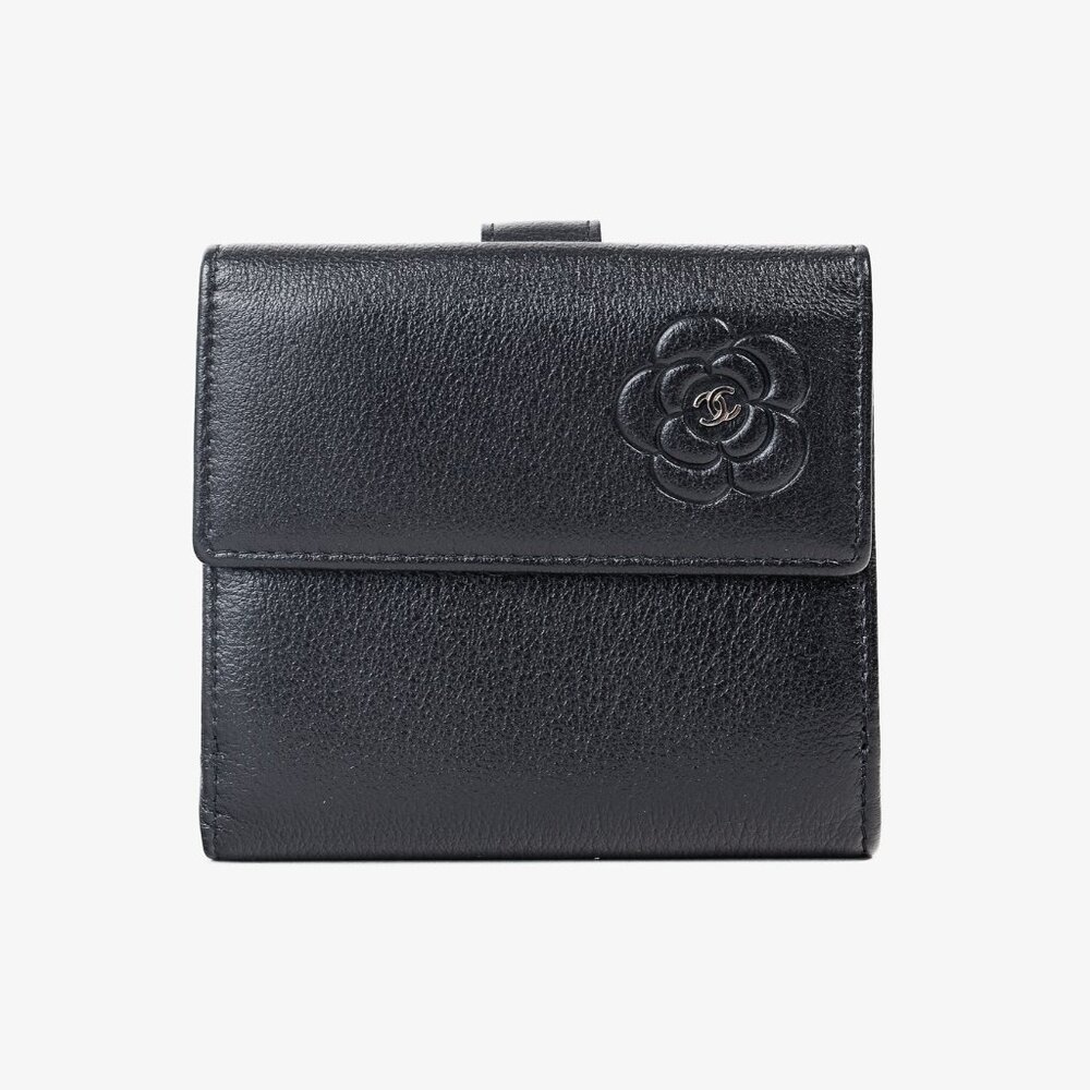 Chanel Camellia Black Leather Compact Wallet